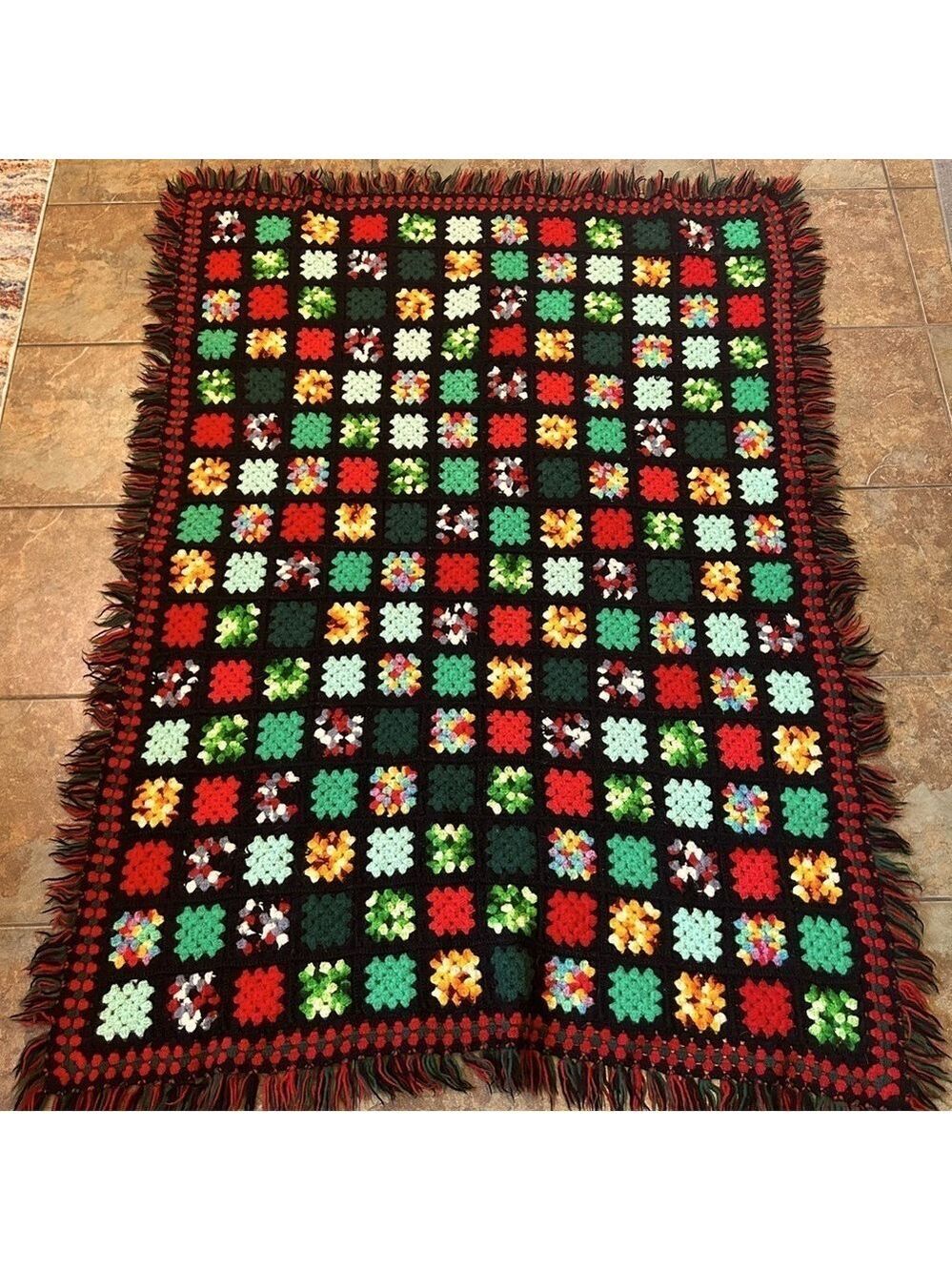 Vtg Hand Crochet Blanket Grannycore Squares Boho Cottage Core Fringe Roseanne